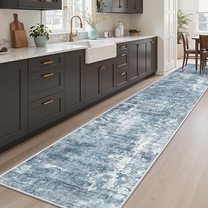 Runner Rug 2x12 Washable Non-Slip Hallway Runner Rugs for Kitchen Bathroom Laundry Room Blue/Grey Vintage Floor Carpet Runners for Hallways Entryway