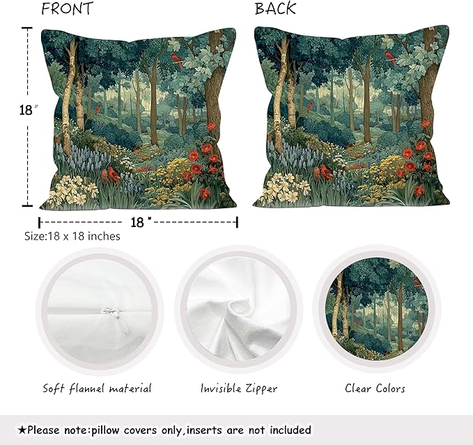 Rustic Forest Green Pillow Covers 18x18 Set of 4, Cottagecore Summer Lemon Forest Nature Botanical William Morris Inspired Decorative Throw Pillow Covers for Sofa Bed Bedroom Living Room