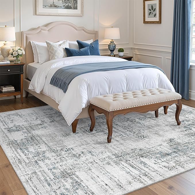 Madane 8x10 Area Rugs for Living Room, Machine Washable Vintage Rug with Non-Slip Backing, Soft Throw Large Rug, Thin Carpet for Bedroom Dining Room Farmhouse Under Table, Blue/Grey