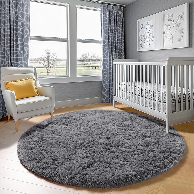 ONASAR Grey Round Area Rugs 5ft, Gray Soft Bedroom Circle Rug Floor Mats for Kids Girls Teen Room, Fluffy Plush Shaggy Carpet for Baby Nursery Living Room Playroom Home Decor Aesthetic