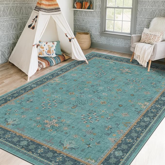 Boho 8x10 Large Teal Green Rugs for Living Room - Vibrant Turquoise Rug for Bedroom under Bed, Dining Room under Kitchen Table, Washable Soft Non Slip Unique Aqua Colorful Indoor Décor teal area rug