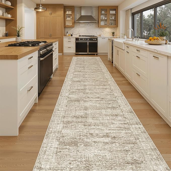 Runner Rug 2'6" x 14' Washable Non-Slip Runner Rugs for Kitchen Bathroom Laundry Room Vintage Ultra Thin Runners for Hallway Entryway Brown