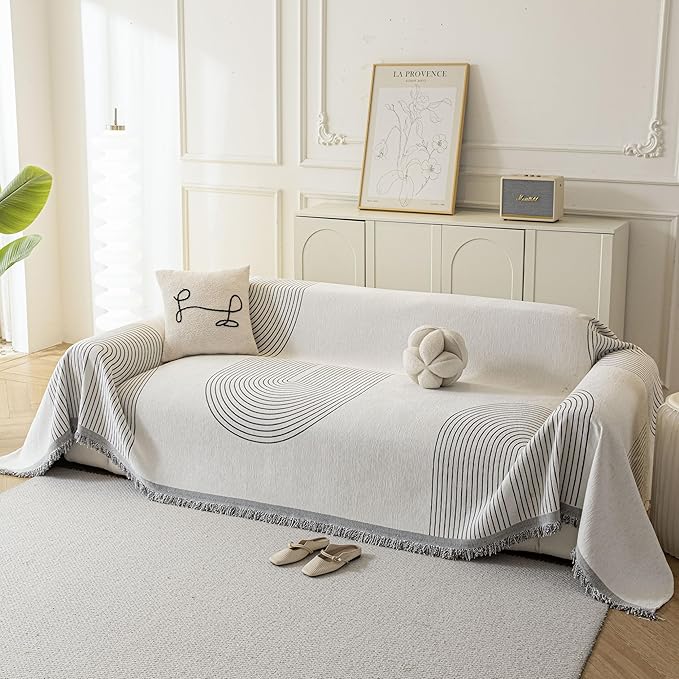 Couch Cover for Dogs, Boho Sofa Covers for 3 Cushion Couch, Chenille Sofa Slipcover for Pets Washable, L-Shape Sectional Couch Loveseat Cover Soft Throw Blankets with Tassels(71x134,Arc Grey)