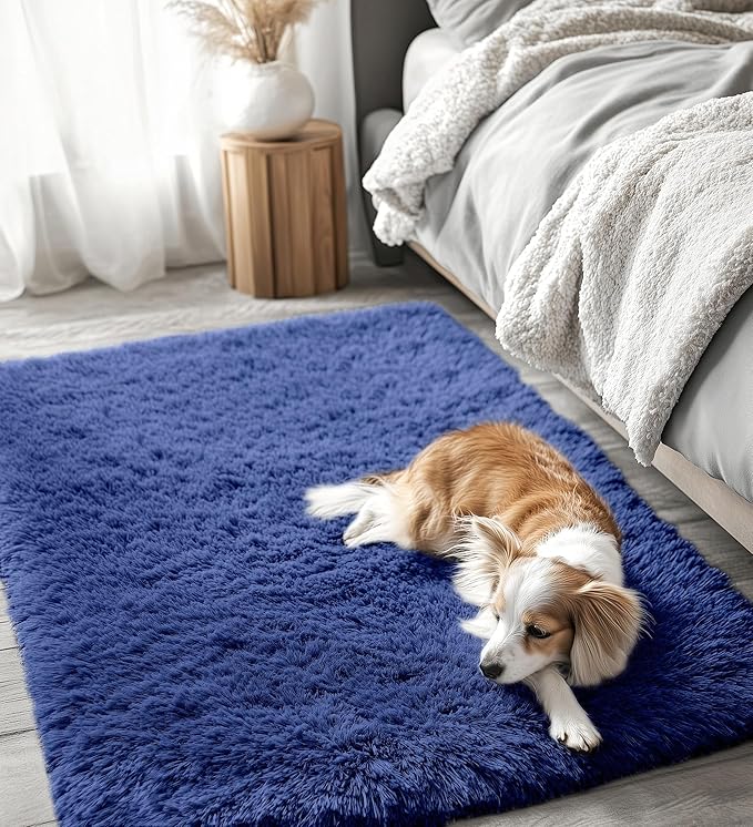 OLANLY 4x5 Machine Washable Accent Rug, Soft Fluffy Shaggy Area Rug for Bedroom, Living Room, Indoor Floor Carpet for Kids, Nursery, Home Decor, Navy Blue