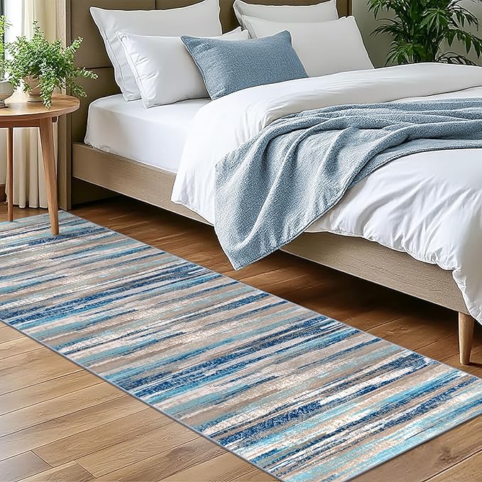 Lansny Modern Abstract Bedroom Runner Rug 2x7, Blue Washable Kitchen Runner, Non-Slip Soft Thin Faux Wool Mat for Entryway, Hallway, Laundry Room, Indoor Home Decor