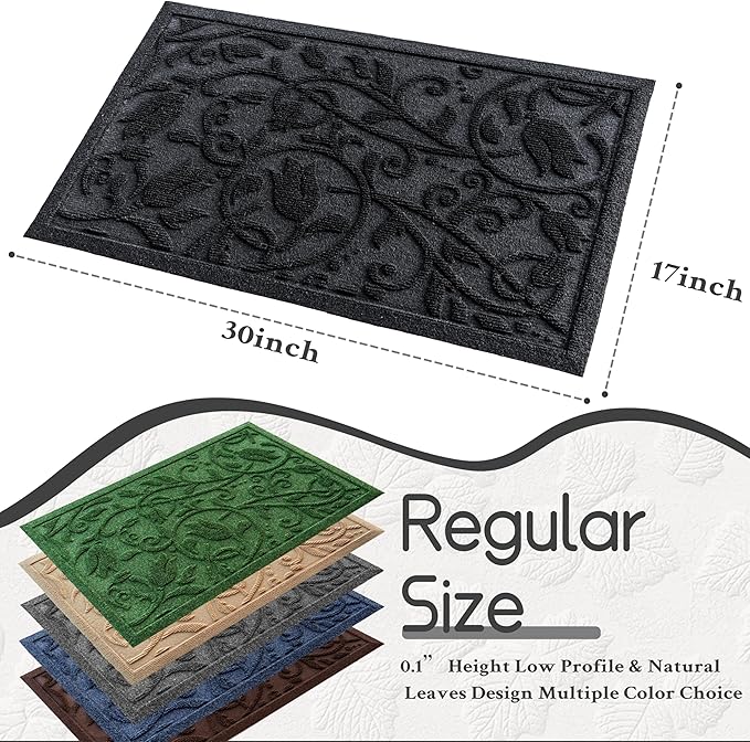 Boho Black Floral Leaves Outdoor Indoor Entrance Doormats, Absorbent Durable Heavy Duty Welcome Front Door Mat,Thick Natural Rubber Back,Easy Clean Entryway Mat 17x30 Inch, Low Profile