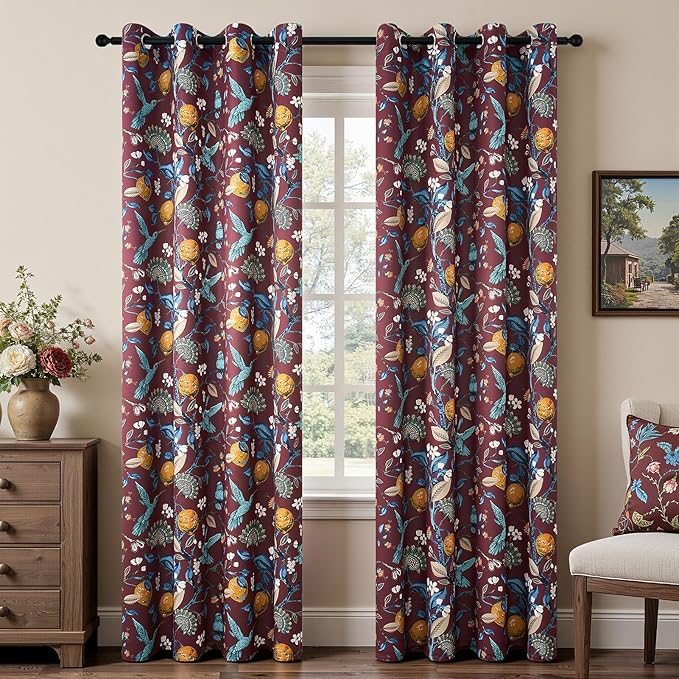 Topfinel Rust Boho Floral Curtains 90 Inches Long 2 Panels Unique Luxury Elegant Colorful Euro Flower Hummingbird Patterned Rustic Vintage Grommet Drapes for Classroom Room Office Closet