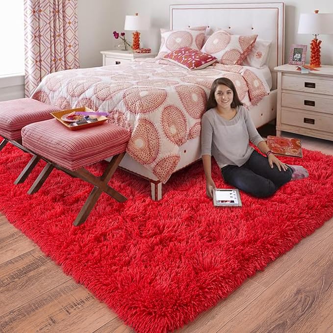Rugs for Living Room 6x9, Soft Shaggy Modern Shag Area Rug for Bedroom, Upgrade Non-Slip Plush Fluffy Carpet for Kids Boys Girls Room Home Decor Aesthetic, Red