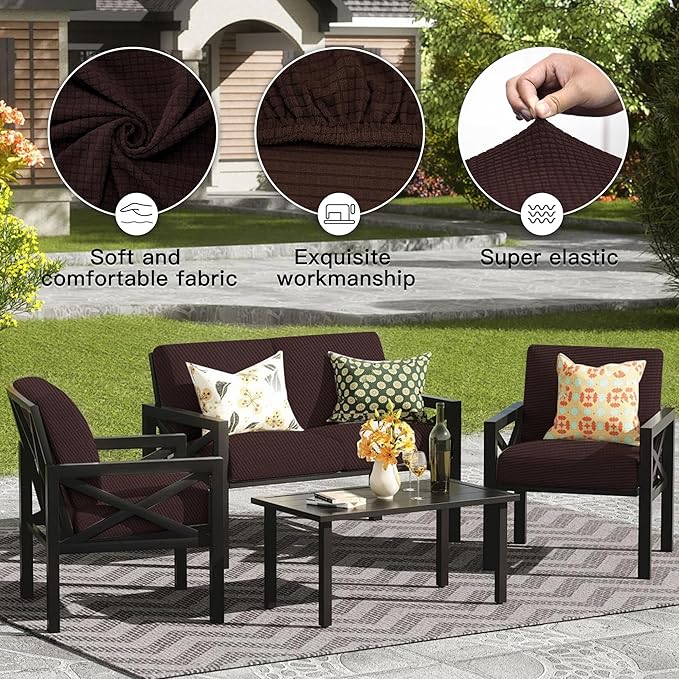 8Pcs Outdoor Cushion Covers, Patio Cushion Covers,Stretch Elastic Slipcovers, Replacement Washable & Reusable Furniture Protector for Patio Couch,Thick Jacquard Fabric(Coffee, Cover Only)