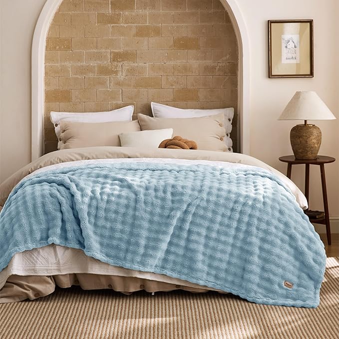 Bedsure 3D Fleece Bubble Blanket - GentleSoft Blue Queen Blanket for Bed Sofa Room Decor - Luxury Soft Cozy Gifts for Kids Girls, Lightweight, All Seasons, Light Blue, 90"×90"