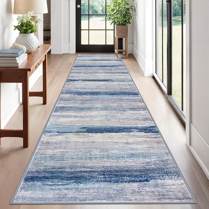 KOZYFLY Modern Abstract Washable Rug Runner 2.6x12 Hallway Rug Runner Non-Slip Soft Kitchen Runner Rugs, Blue/Grey/Beige Striped Carpet for Entryway Bathroom Laundry Room Foyer
