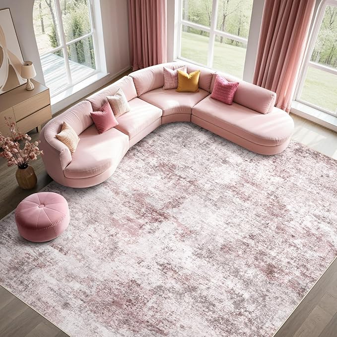 UERMEI 9x12 Area Rug Living Room Rugs - Washable Neutral Modern Abstract Soft Thin Large Rug Indoor Floor No Slip Rug Carpet for Bedroom Under Dining Table Home Office Decor - Pink