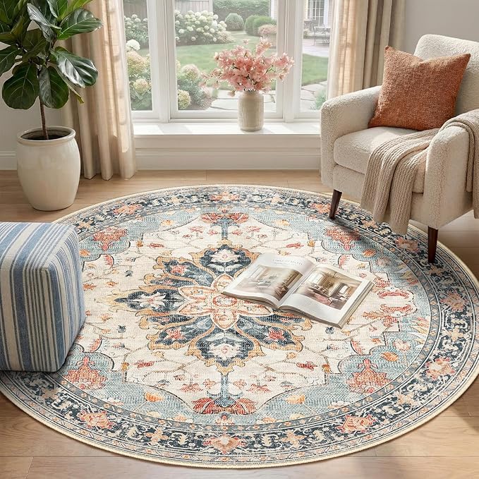 Area Rugs 4ft Washable Non-Slip, Floral Vintage Distress Print Pattern Medallion Carpet for Living Room Bedroom Dining Room, Beige Navy Blue Orange Colorful