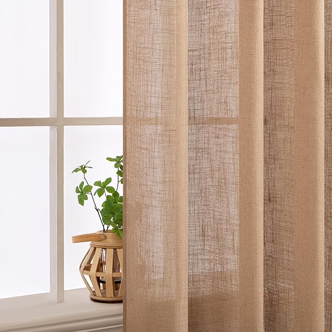 MIULEE Brown Linen Curtains 96 Inches Long for Bedroom Living Room, Soft Thick Linen Textured Window Drapes Semi Sheer Light Filtering Back Tab Rod Pocket Burlap Look Farmhouse Decor, 2 Panels Set