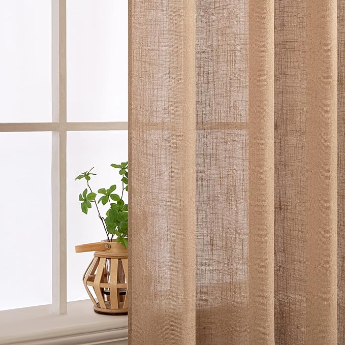 MIULEE Light Brown Linen Curtains 63 Inch Length 2 Panels for Bedroom Living Room, Soft Thick Linen Textured Natural Window Drapes Semi Sheer Light Filtering Back Tab Rod Pocket Burlap Look Decor