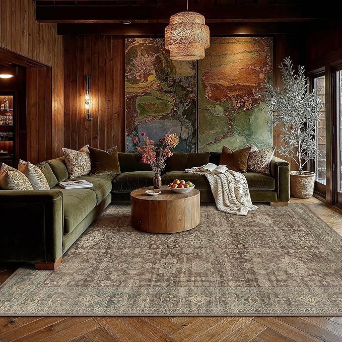 9x12 Washable Area Rug for Living Room Bedroom Vintage Rust Red Non Slip Carpet Traditional Retro Soft Low Pile Large Throw Rug for Dining Room Kitchen Office Indoor