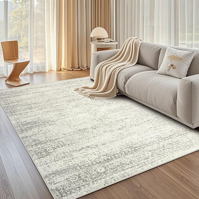 Srugn Washable Rugs 5x7 Area Rugs for Living Room,Bedroom,Dining Room- Large Ultra Soft Faux Wool Retro Carpets,Non Slip&Non-Shedding Low Pile Vintage Print Rug for Home Office Decor-Beige