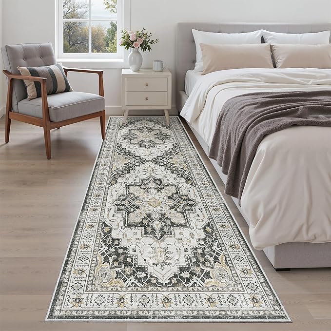 Madane Runner Rug 2'6''x8' Kitchen Runner, Hallway Runner Printed Vintage Washable Rugs Soft Non-Slip Low Pile Runners for Hallways Laundry Room Rug Distressed Rug, Black