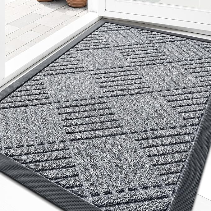 OLANLY Front Door Mat Outside Entrance 35x23, Absorbent, Heavy Duty Sturdy Natural Rubber Doormat Indoor Outdoor, Stain Fade Resistant, Non-Slip Low Profile Floor Mat Entryway, Charcoal Gray Diamond