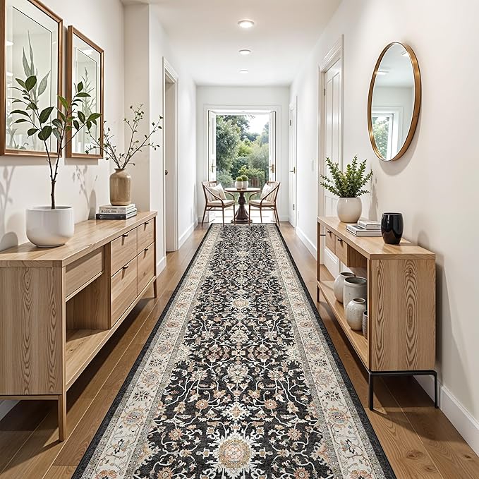 3x12 Long Hallway Runner Rug: Washable Non-Slip Rugs for Hallway Stain Resistant Durable Kitchen Mat Low Pile Lightweight Indoor Soft Carpet for Bedroom Living Room Bedside (Black, 3x12)