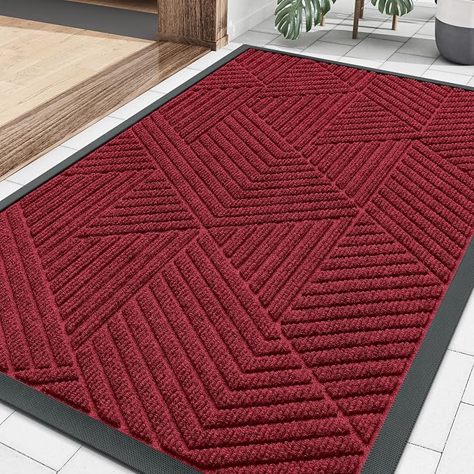 Smiry Front Door Mat Outside Entrance, Heavy Duty Sturdy Natural Rubber Doormat, Trap Dirt and Moisture, Easy Clean Low Profile Welcome Floor Mats for Indoor Outdoor Entry, 35X23 Inch, Wine Red