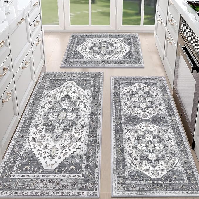 HEBE Boho Kitchen Rug Sets 3 Piece with Runner Non Slip Kitchen Rugs and Mats Washable Kitchen Mats for Floor Thick Kitchen Floor Mat Carpet Runner Rugs for Hallway Laundry Holiday Decor