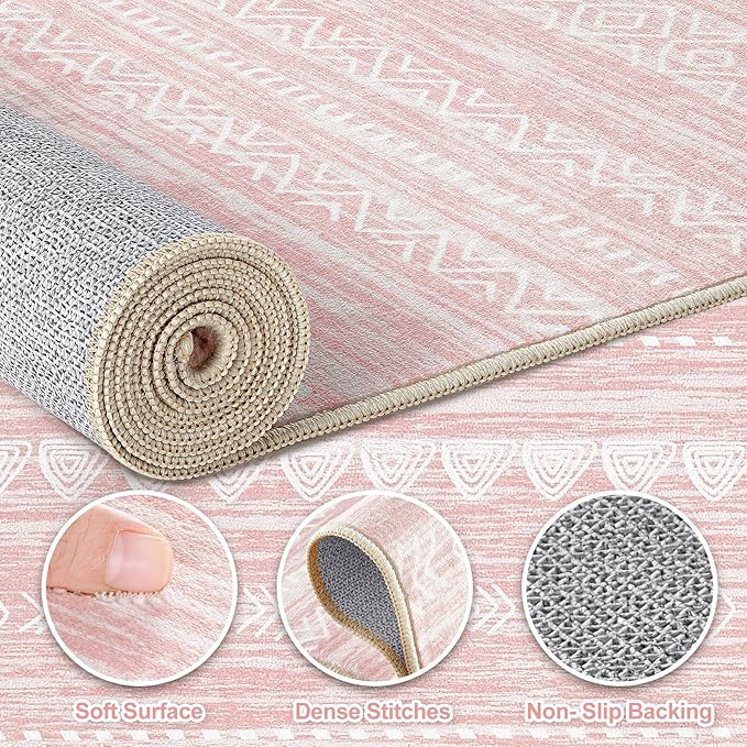 Nakagishi Pink Rugs for Bedroom Girls: 6x9 Washable Boho Large Neutral Cute Soft Area Rug Modern Indoor Floor Non Slip Accent Carpet for Living Room Nursery Kids Playroom Preppy Room Dorm Baby Room