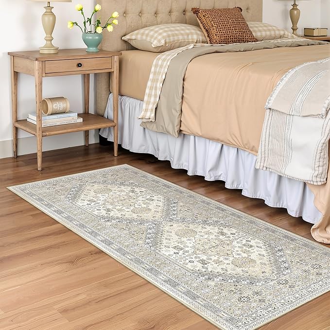 2x5 Rug Runner Washable for Entryway, Soft Bathroom Rugs with Non-Slip Backing,Vintage Low Pile Stair Runner, Small Kitchen Carpet for Hallways, Laundry Room(Beige,2'x5')