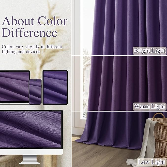 Guken 100% Blackout Curtains 90 Inch Length 2 Panels Set for Living Room Bedroom Back Tab Thermal Insulated Black Out Linen Drapes Room Darkening New Purple,52x90