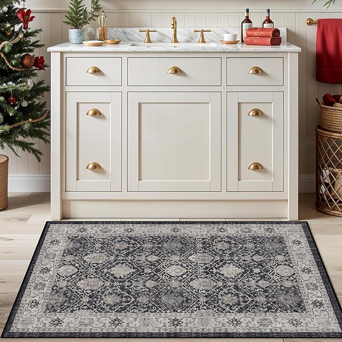Washable 3x4 Entryway Area Rugs: Ultra Soft Low Pile Carpet for Kitchen Nursery Indoor Light-Weight Doormat Anti-Slip Thin Entry Rug for Living Room Bedroom Small Vintage Floor Mat(3x4,Black)