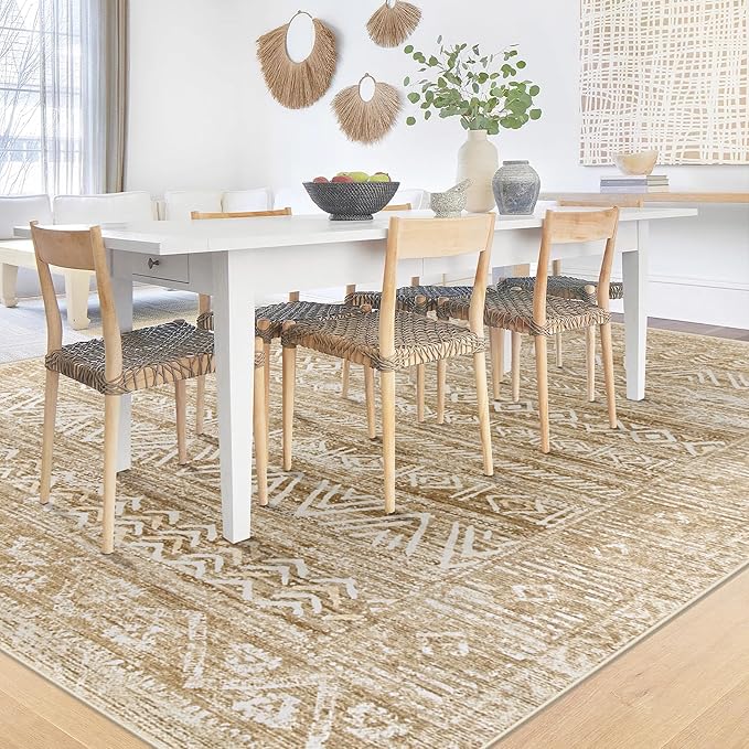 Washable Area Rug 5x7: Moroccan Rug for Living Room Geometric Boho Rug Farmhouse Non Slip Stain Resistant Rugs Low Pile Soft Carpet for Bedroom Dining Room Home Office Kids Room (Light Brown,5'x7')