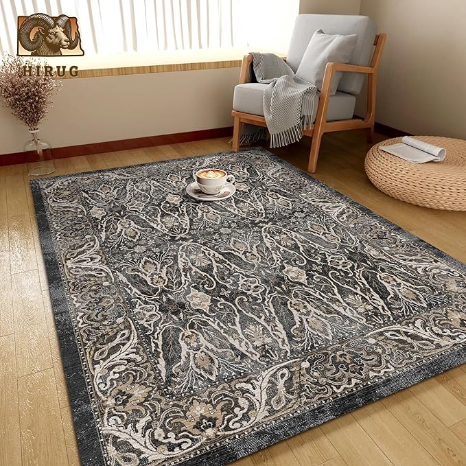 Washable Area Rug 4' x 6' Vintage Traditional Persian Mat - Foldable Distressed Non-Slip Machine Washable Carpet for Living Room Bedroom Kitchen Home Decor - Ebony and Taupe