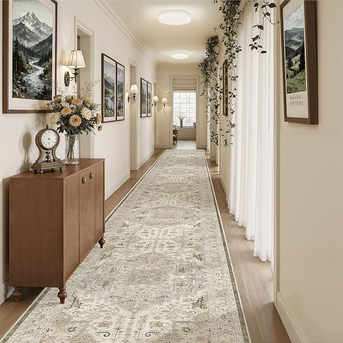 Madane 3x20 Hallway Runner Rug - Extra Long Carpet Runners for Hallways 20ft Non Slip Stain Resistant Rugs Runner for Living Room Bedroom 20 Feet Distressed Floor Carpet for Kitchen, Ivory/Brown