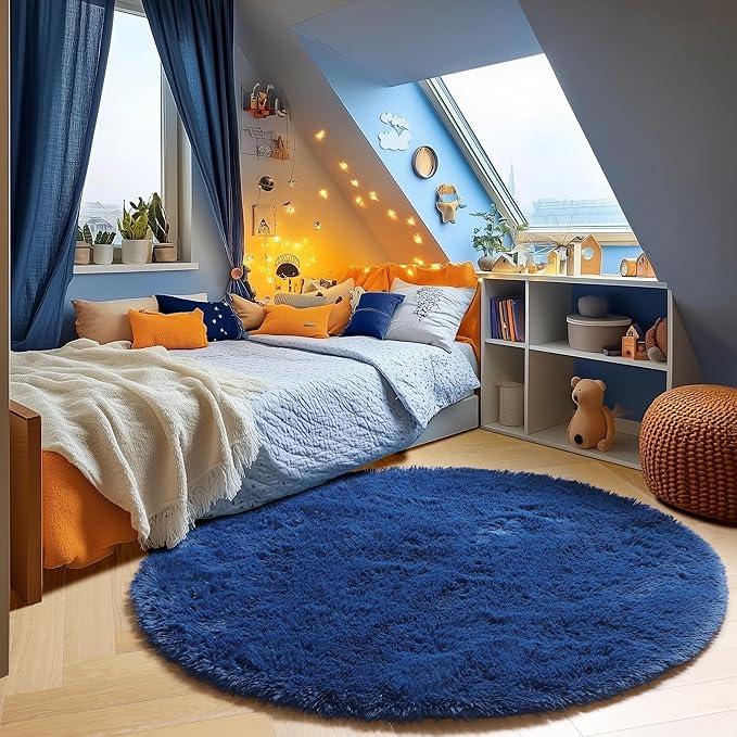 ONASAR Navy Blue Round Area Rugs 5ft, Soft Bedroom Circle Rug Floor Mat for Kids Girls Boys Teen Room, Fluffy Plush Shaggy Carpet for Baby Nursery Living Room Playroom Dorm Home Decor