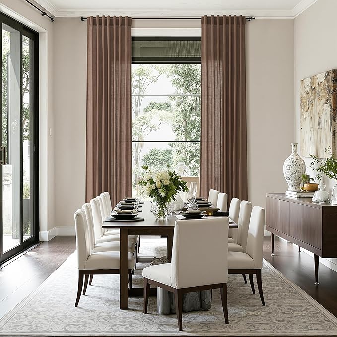 Nanspring Caramel Brown Linen Curtains for Living Room 92 Inches Long Back Tab Light Filtering Semi Sheer Vintage Rustic Curtain Luxury Boho Decor Drapes for Bedroom Office 52x92, 2 Panels