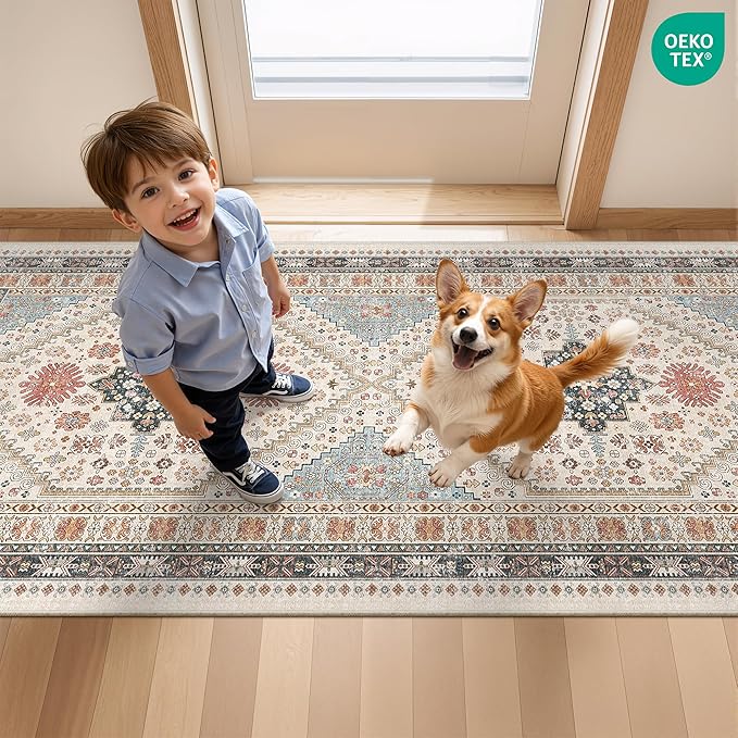 Runner Rug 2x6, Non Slip Washable Rugs for Laundry Room, Runners for Hallways, Low Pile Vintage Soft Rugs for Living Room, Kitchen Bathroom,Bedroom Rug(Blue/Red/Multi,2'x6')