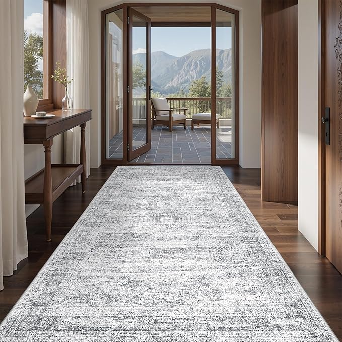 4x8 Rug for Bedroom,Wide Runner Rug for Hallway, Non Slip Washable Runner Rug for Living Room, Low Pile Soft Entryway Kitchen Rug, Modern Home Decor Mat for Dining Room(4'x8', Grey/Ivory)