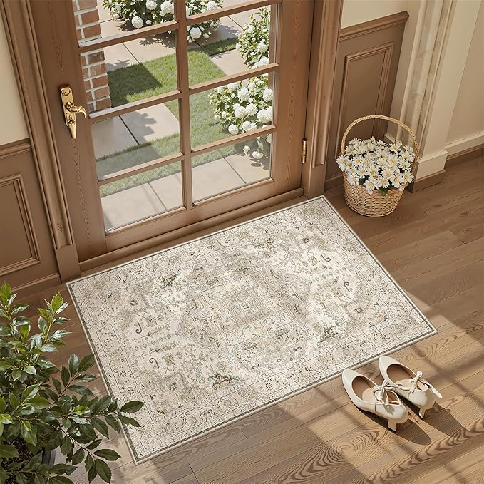 Madane Washable Area Rug 2x3, Small Entryway Rug Non-Slip Vintage Door Mat Indoor Entrance, Low Pile Floor Carpet for Inside Front Door Bedroom Kitchen Entry Laundry (2'x3', Ivory/Brown)