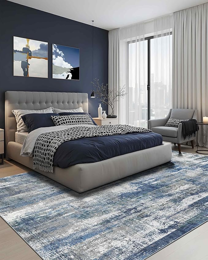 Latte&Fog 8x10 Area Rugs for Living Room, Large Blue Modern Abstract Washable Rug, Boho Non Slip Low Pile Carpet for Bedroom Dining Room, Office, Dorm, Classroom, Farmhouse and Kids Room - Blue Grey