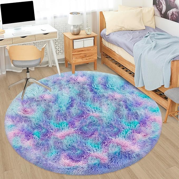 5x5 ft Tie Dye Rainbow Round Rug for Bedroom Room Fluffy Circle Rug Furry Carpet Shaggy Circular Fuzzy Washable Non-Slip Large Area Rug Soft Indoor for Living Room Cute Aesthetic Home Decor