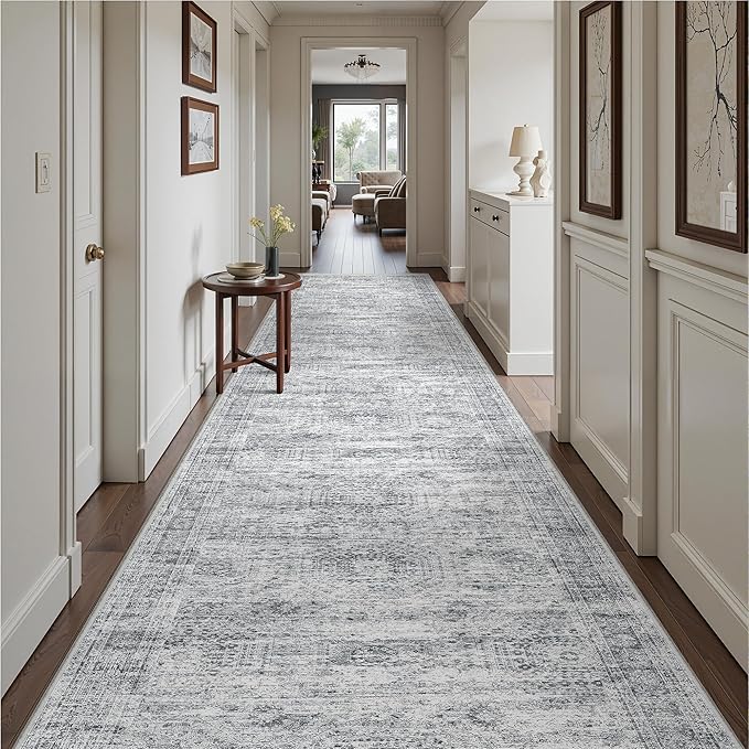 3x14 Washable Runner Rug for Hallway, Non-Slip Long Hallway Runner for Entryway, Soft Vintage Kitchen Mats for Floor, Abstract Dining Room, Bedroom, Living Room Rugs(3'x14', Grey/Ivory)