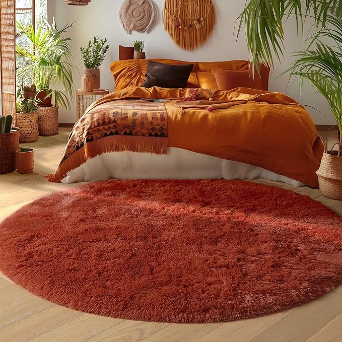 Amdrebio Terracotta Rust Round Circle Rug 5Ft for Bedroom Living Room, Fluffy Fuzzy Shaggy Furry Area Rugs for Kids Room Decor Aesthetic, Cute Plush Shag Rustic Carpet for Nursery Dorm Classroom