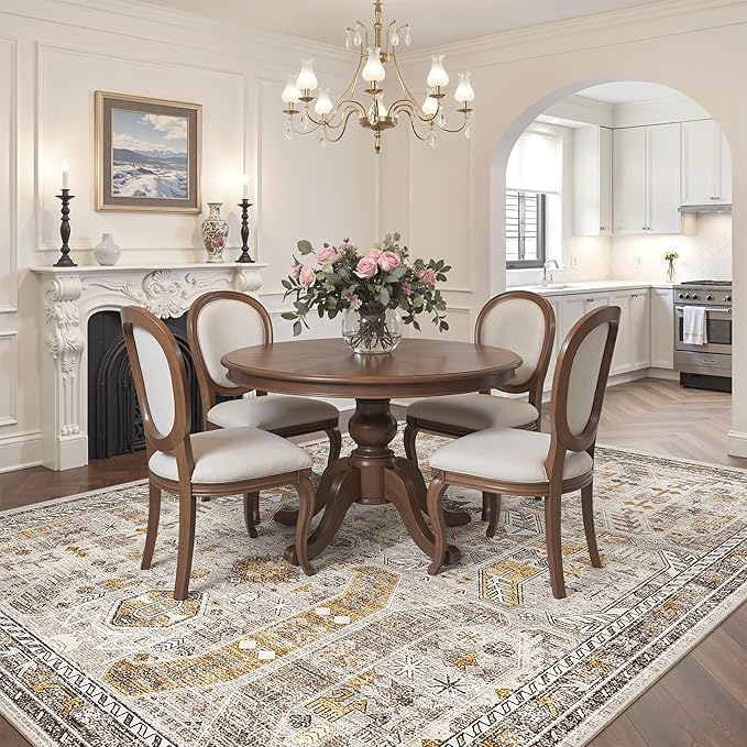 Madane 6x9 Area Rugs for Living Room, Stain Resistant Washable Rugs, Non-Slip Backing Area Rug, Vintage Home Decor Rug for Bedroom (Brown/Gold, 6'x9')