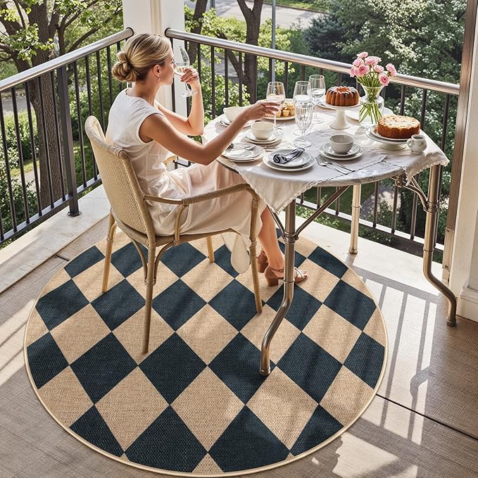 Lahome Colette Checkered Round Entryway Rug 4ft, Circle Indoor Outdoor Patio Rug Washable Farmhouse Easy Jute Kitchen Rugs, Contemporary Non Slip Round Carpet for Bedroom Front Porch