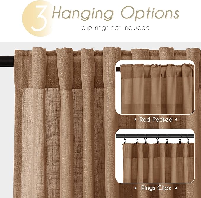 Brown Curtains for Living Room Back Tab Modern Farmhouse Semi Sheer Curtains 84 inches Long 2 Panels Set Muted Neutral Window Curtain for Dining Room Bedroom 52x84