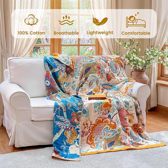 MSGKV Boho Throw Blanket 60"x80" Floral Cotton Blanket for Bed Couch Spring Breathable Lightweight Farmhouse Twin Blankets Home Decor Muslin All Seasons