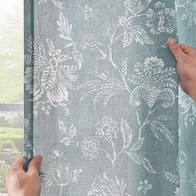 jinchan Linen Floral Curtains for Living Room, 84 Inch Length Curtains with Printed Flower Light Filtering Curtain, Rod Pocket Back Tab Blue Window Treatment Set Bedroom Curtain, 2 Panels Blue