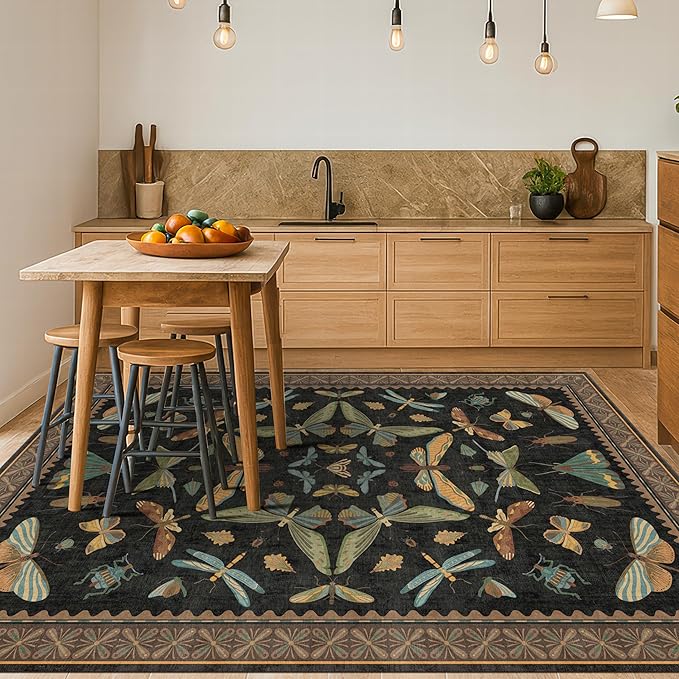 Dark 6x8 Insect Area Rug for Living Room - Vintage Washable Rugs for Dining Room Under Table, Low Pile & Soft Boho Bedroom Decor, Butterfly Non Slip Foldable Carpet