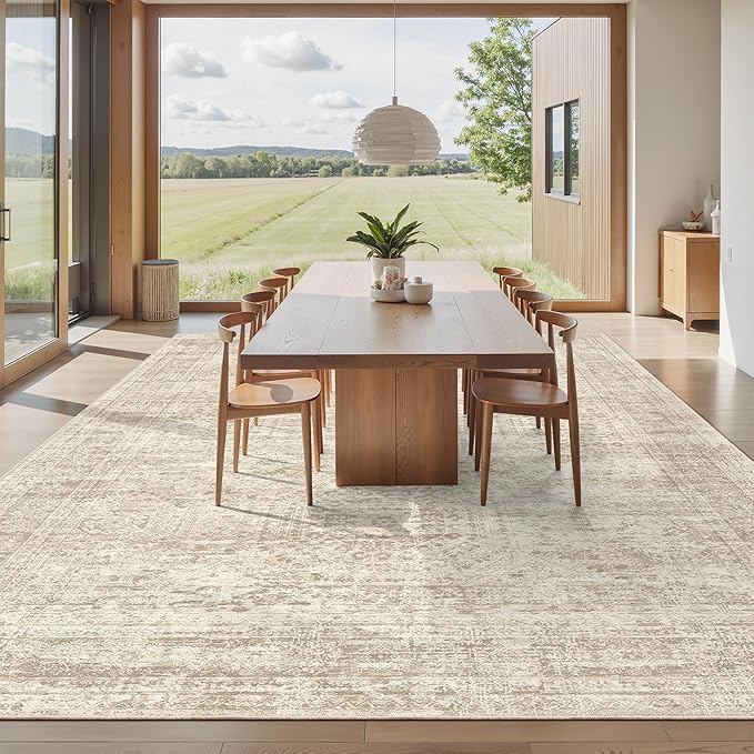12x15 Washable Area Rug Beige Neutral Abstract Living Room Large Carpet Non Slip Bedroom Indoor Office Dining Room Low Pile Thin Rug