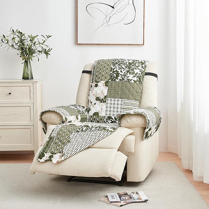 Great Bay Home Reversible Patchwork Recliner Chair Cover - Washable Slipcover Furniture Protector with Elastic Straps - Perfect for Kids & Pets - Box-Stitched Detail (Olive/Brown)